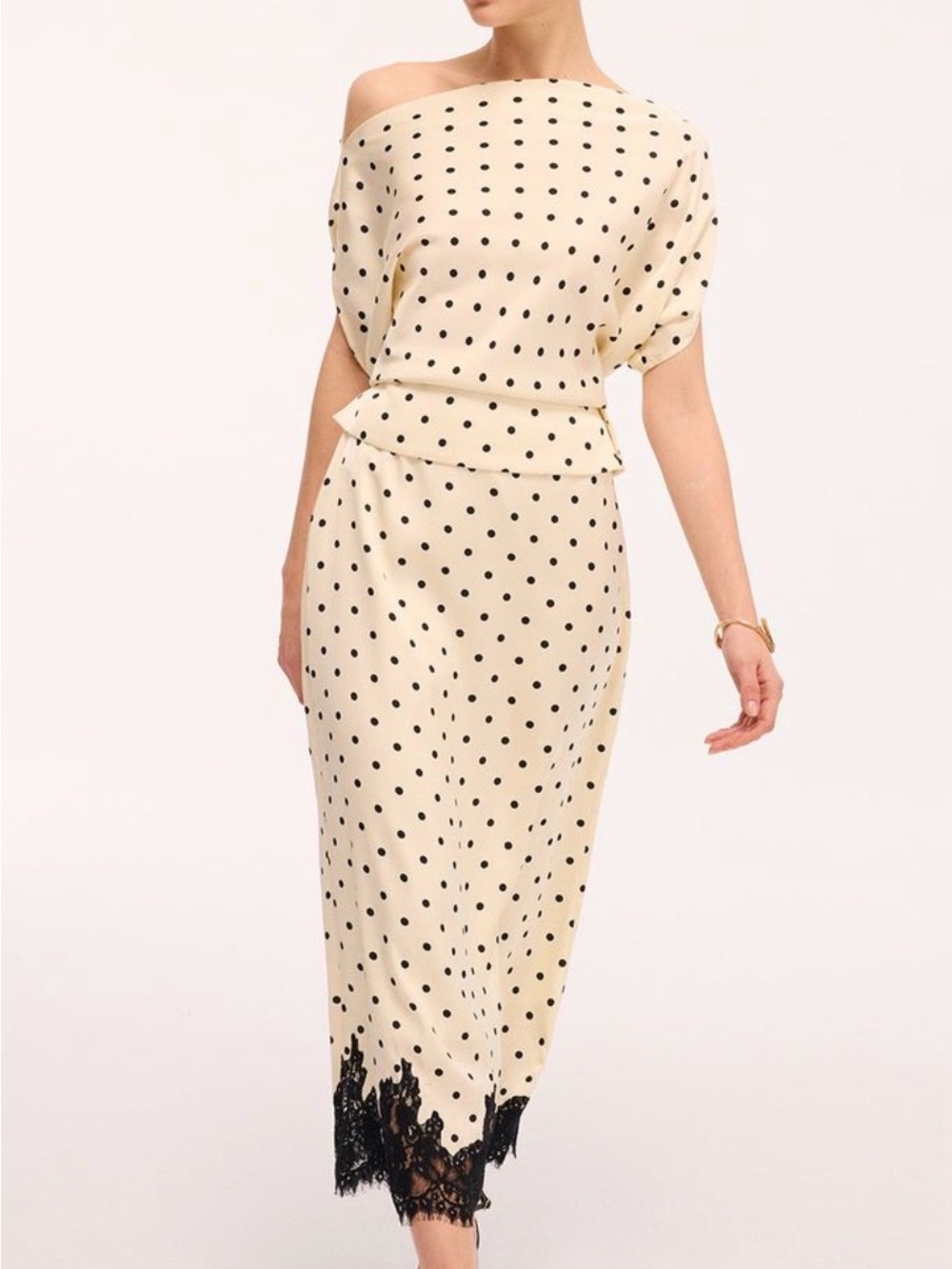 Commense Cream Polka Dot Off-Shoulder Midi skirt and top  with Black Lace Trim